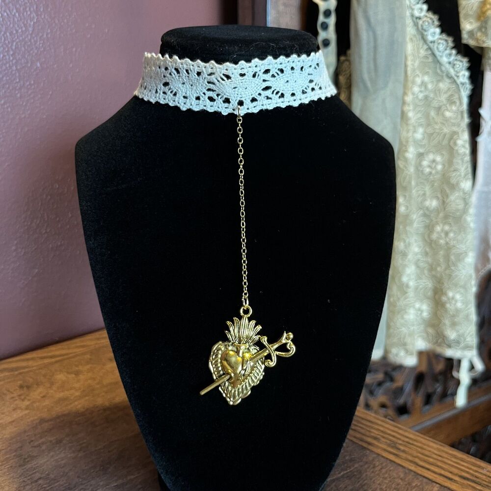 Gold Plated Sacred Heart Drop Choker Antique-Style Lace Whimsygoth Eccentric - Picture 6 of 6